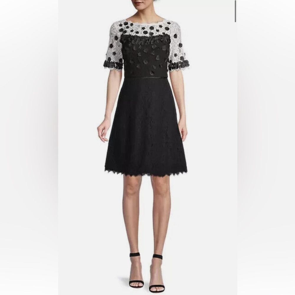NWOT SHANI Ivory & Black Lace Floral Appliqué Dress